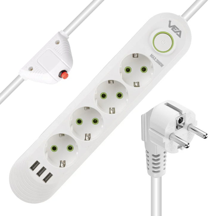 4'lü 3 USB'li 1.5 Metre Akım Korumalı Priz Beyaz