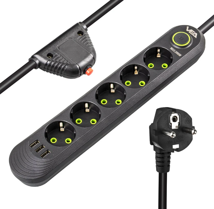 5'li 3 USB'li 1.5 Metre Akım Korumalı Priz Siyah